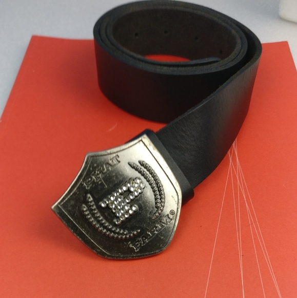 Vtg Y2K Phat Farm Leather belt Big buckle Bling bling Hip Logo - Picture 3 of 6